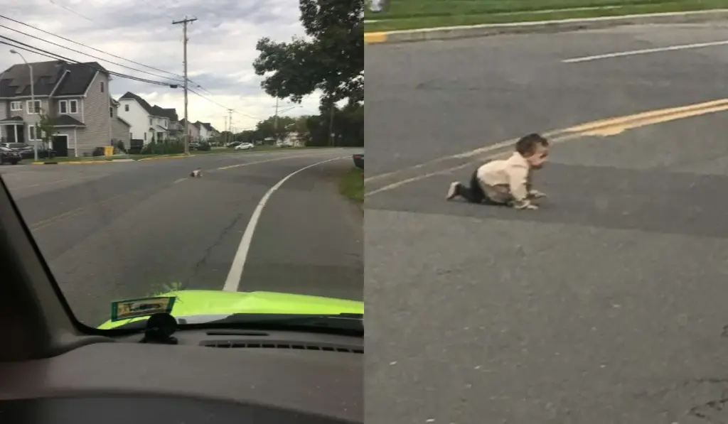 Motorista seguia para o trabalho em Nova Jersey quando vê algo no meio da rua e pensa ser uma sacola ou brinquedo, reduz o caminhão e descobre bebê de 10 meses engatinhando sozinho numa via de 64 km/h após sair por uma porta aberta e percorrer cerca de 43 metros Motorista seguia para o trabalho em Nova Jersey quando vê algo no meio da rua e pensa ser uma sacola ou brinquedo, reduz o caminhão e descobre bebê de 10 meses engatinhando sozinho numa via de 64 km/h após sair por uma porta aberta e percorrer cerca de 43 metros