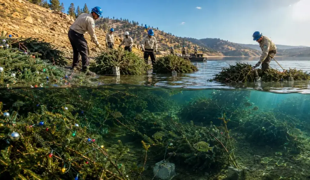 Califórnia pega centenas de árvores de Natal descartadas após as festas, amarra os troncos, prende blocos de concreto e afunda tudo no fundo de lagos, onde os galhos passam anos submersos formando verdadeiros labirintos para a vida aquática