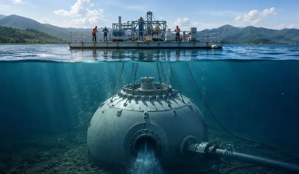 China afunda uma esfera oca a 65 metros de profundidade e transforma o próprio lago em parte de uma bateria submersa, completando mais de 100 ciclos em 10 dias ao usar a pressão da água para armazenar e devolver eletricidade