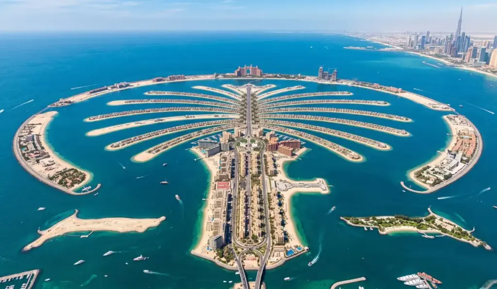Dubai transforma o fundo do mar em uma palmeira colossal, lança quase 100 milhões de m³ de areia, empilha 7 milhões de toneladas de rocha e faz surgir uma ilha artificial protegida por 11 km de barreira para impedir que ondas levem tudo embora