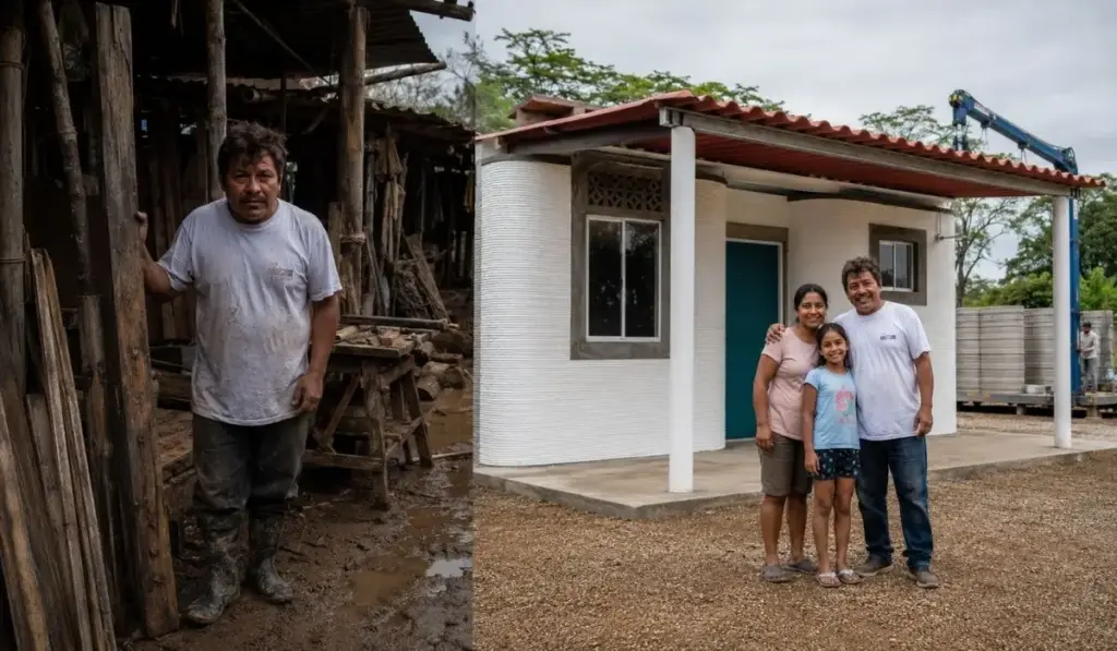 Carpinteiro de 48 anos vive com esposa e filha em casa de chão de terra que alagava durante as chuvas, até ser escolhido para ganhar uma nova moradia de 46 m² com dois quartos feita por impressora 3D gigante que consegue levantar uma casa em menos de 24 horas