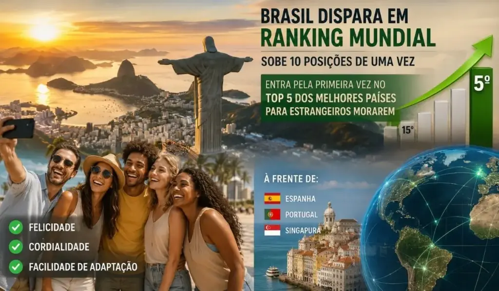 Brasil dispara em ranking mundial, sobe 10 posições de uma vez e entra pela primeira vez no Top 5 dos melhores países para estrangeiros morarem, com destaque para felicidade, cordialidade e facilidade de adaptação, deixando para trás Espanha, Portugal e Singapura