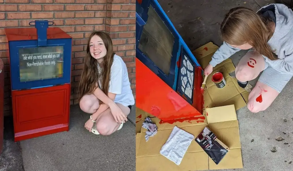 Aos 14 anos, estudante pega uma velha caixa de jornal abandonada, passa mais de 20 horas instalando prateleiras e pintando a estrutura e transforma tudo em uma pequena despensa gratuita cheia de alimentos para moradores pegarem quando precisarem
