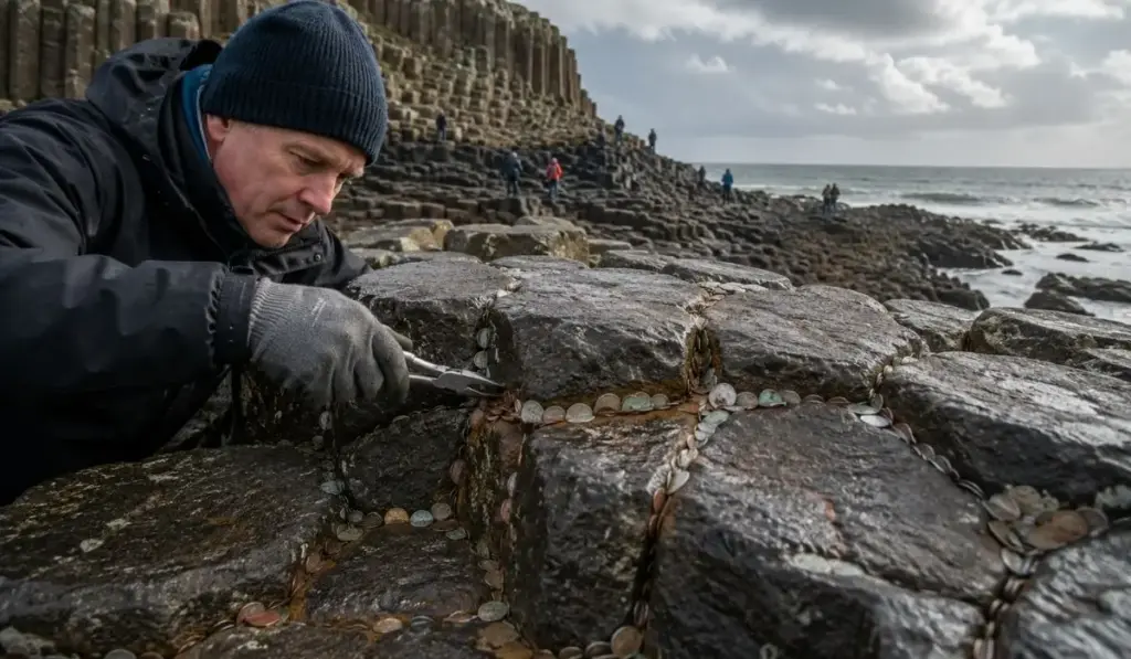 Tradição de turistas quase vira pesadelo em uma das paisagens mais famosas da Irlanda do Norte: mais de 10 mil moedas são enfiadas entre rochas de basalto em busca de sorte, começam a enferrujar e pressionar as formações e obrigam especialistas a levar até 20 minutos para retirar uma única peça