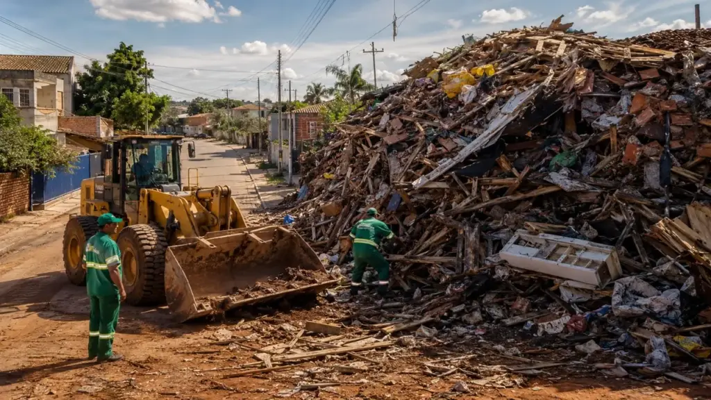 Imóvel abandonado vira montanha de resíduos, ameaça vizinhos e exige operação extrema: prefeitura remove mais de 300 toneladas no primeiro dia, derruba a estrutura condenada e estima retirar até 900 toneladas no total em Aparecida de Goiânia Imóvel abandonado vira montanha de resíduos, ameaça vizinhos e exige operação extrema: prefeitura remove mais de 300 toneladas no primeiro dia, derruba a estrutura condenada e estima retirar até 900 toneladas no total em Aparecida de Goiânia