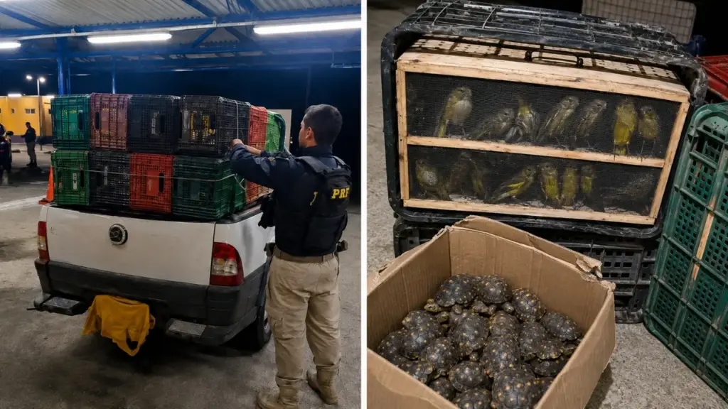 Agentes da PRF param caminhonete com caixas de frutas em Pernambuco, percebem um forte odor e sinais estranhos na carga, levantam os engradados e encontram 584 animais silvestres ocultos; motorista já havia sido detido outras quatro vezes
