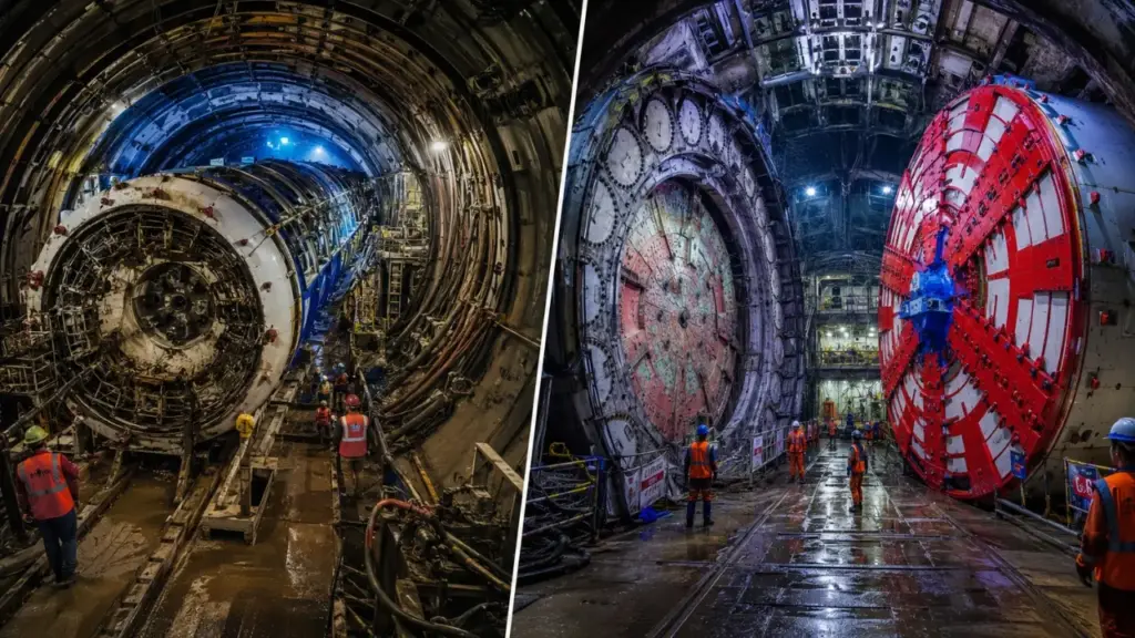 Tuneladora de US$ 50 milhões fica presa a 54 metros de profundidade na China, engenheiros enviam outra máquina de 5 mil toneladas pelo lado oposto e fazem as duas se encontrarem no subsolo com erro vertical de apenas 2 milímetros