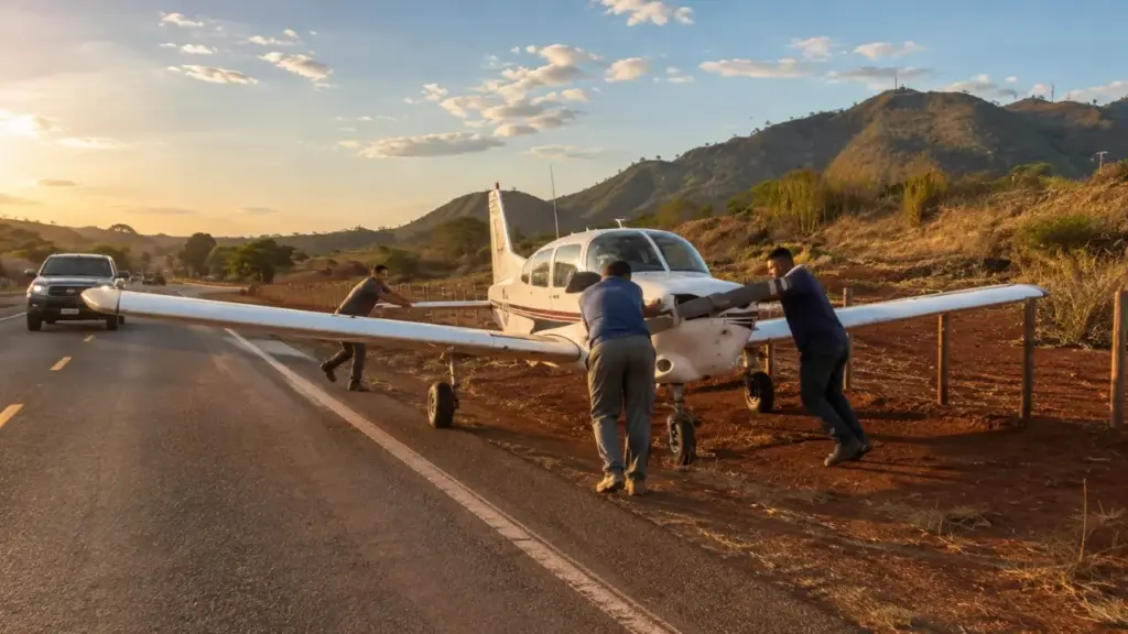Avião perde potência em pleno voo no interior de Goiás, piloto procura uma pista, percebe que não conseguiria chegar e usa a rodovia estadual GO-174 como pista improvisada para realizar pouso de emergência Avião perde potência em pleno voo no interior de Goiás, piloto procura uma pista, percebe que não conseguiria chegar e usa a rodovia estadual GO-174 como pista improvisada para realizar pouso de emergência