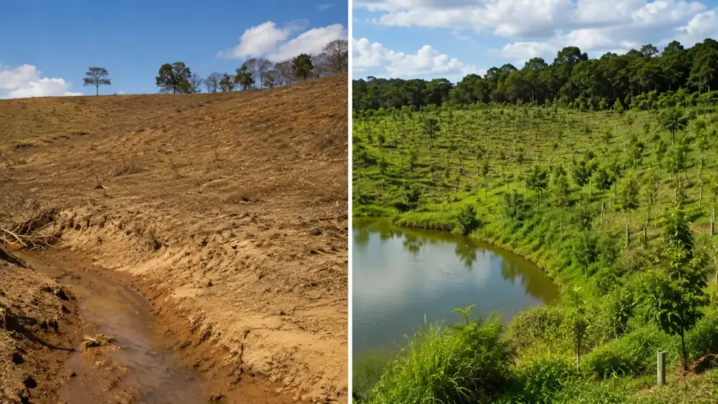 Fazenda de Minas Gerais planta 22 mil árvores em dois anos, protege três nascentes que produzem cerca de 20 mil litros por hora e transforma áreas de baixo retorno agrícola em modelo capaz de gerar receita