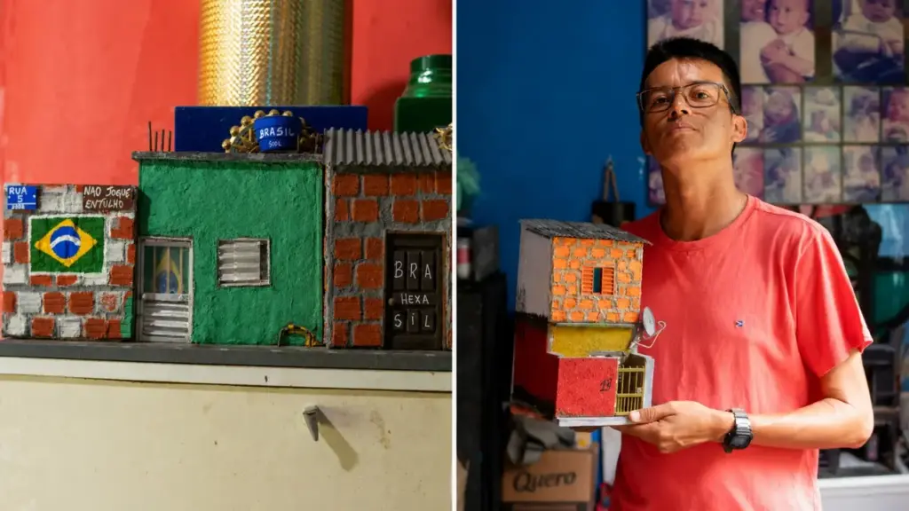 Professor da periferia de São Paulo transforma caixas de cereal, papelão e fios em favelas em miniatura, cria 15 cenários e rifa duas obras para conseguir pagar a faculdade