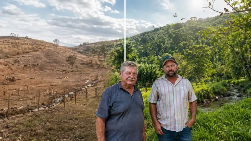 Família planta 11 mil árvores ao redor de nascentes em São Paulo e, dez anos depois, vê água ganhar força, mata crescer e animais voltarem à propriedade que havia perdido parte de sua vitalidade