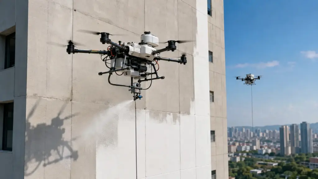 Fim dos andaimes e ao risco nas alturas: drones autônomos Apellix começam a pintar fachadas de prédios inteiros sem expor trabalhadores, reduzem em até 80% o perigo de acidentes e prometem cortar pela metade o custo da mão de obra