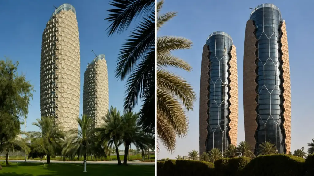 Duas torres no deserto ganharam uma pele viva de mais de 2 mil guarda-sóis que abrem e fecham sozinhos seguindo o sol, dispensando cortinas e vidro escuro e derrubando o calor solar que entra no prédio em mais de 50% Duas torres no deserto ganharam uma pele viva de mais de 2 mil guarda-sóis que abrem e fecham sozinhos seguindo o sol, dispensando cortinas e vidro escuro e derrubando o calor solar que entra no prédio em mais de 50%