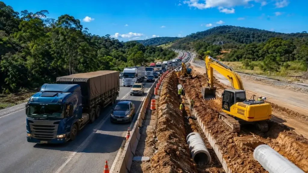 Duplicação da BR-280 entra em nova etapa no km 37 e muda o tráfego entre Guaramirim e a BR-101 até 4 de setembro, obrigando motoristas a usar o acostamento durante obras de drenagem em uma rodovia com fluxo estimado de 50 mil veículos por dia e forte movimento de cargas