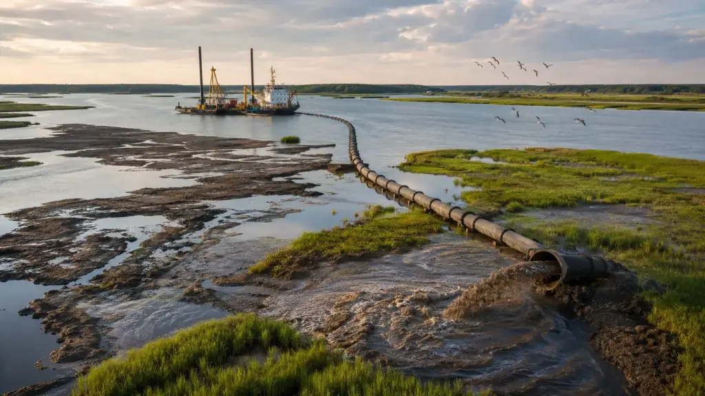 Exército dos EUA retira 127 mil metros cúbicos de, bombeia o material por 8 quilômetros e transforma areia, silte e conchas em terreno para recuperar 28 hectares de pântano degradado e ampliar o habitat de aves aquáticas Exército dos EUA retira 127 mil metros cúbicos de, bombeia o material por 8 quilômetros e transforma areia, silte e conchas em terreno para recuperar 28 hectares de pântano degradado e ampliar o habitat de aves aquáticas