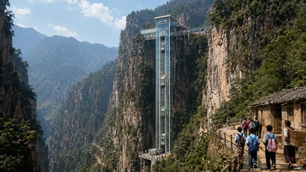 Elevador de vidro de 288 metros surge entre paredões na China, reforça sistema que reduziu de quase seis horas para 30 minutos o caminho escolar e amplia rota de aldeia isolada para transportar 1.200 pessoas por hora em operação conjunta Elevador de vidro de 288 metros surge entre paredões na China, reforça sistema que reduziu de quase seis horas para 30 minutos o caminho escolar e amplia rota de aldeia isolada para transportar 1.200 pessoas por hora em operação conjunta