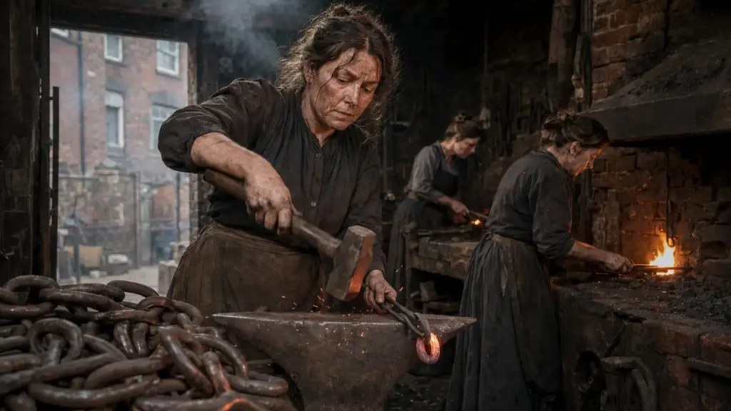 Mulheres inglesas fabricavam correntes pesadas em galpões apertados nos quintais, recebiam apenas 5 xelins por 50 horas de trabalho e fizeram uma greve de dez semanas que quase dobrou seus salários