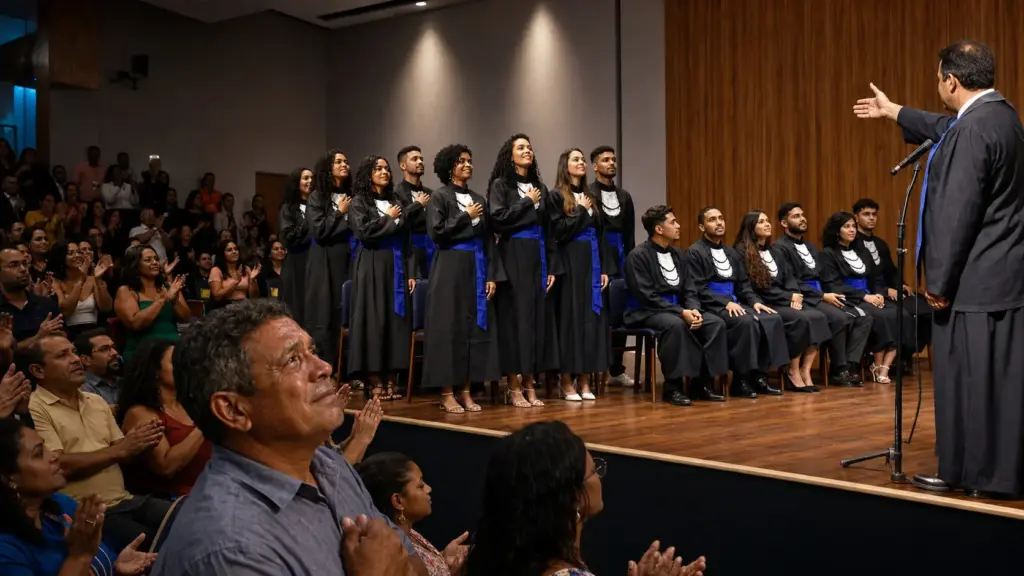 Em formatura no Agreste, diretor pede que primeiros universitários da família fiquem de pé, 10 de 16 se levantam, pai com 4ª série sobe ao palco e vários já trabalham na área