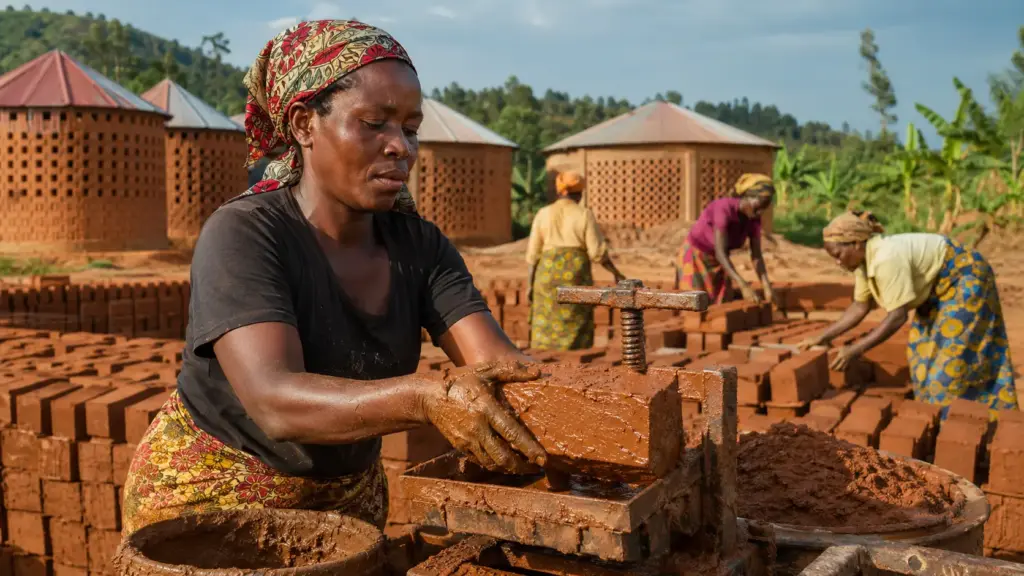 Antes da primeira aula, mulheres sobreviventes da guerra em Ruanda produziram 450 mil tijolos, ajudaram a erguer 17 pavilhões e transformaram a obra em um centro que ensina agricultura, construção e geração de renda Antes da primeira aula, mulheres sobreviventes da guerra em Ruanda produziram 450 mil tijolos, ajudaram a erguer 17 pavilhões e transformaram a obra em um centro que ensina agricultura, construção e geração de renda
