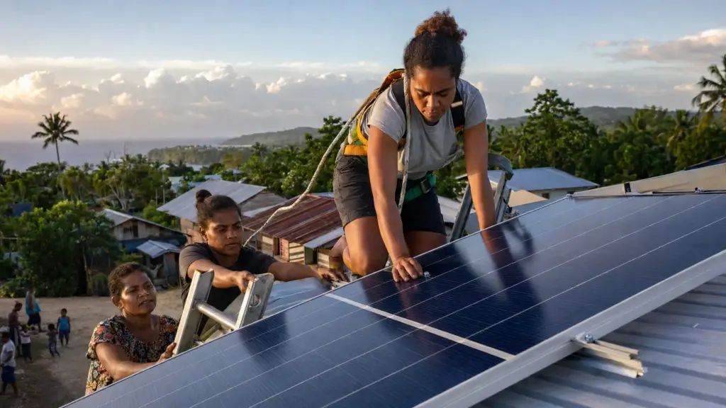Mulheres aprenderam a instalar painéis solares e retirar os equipamentos antes dos ciclones, levando energia às 115 casas de uma ilha com cerca de 800 moradores