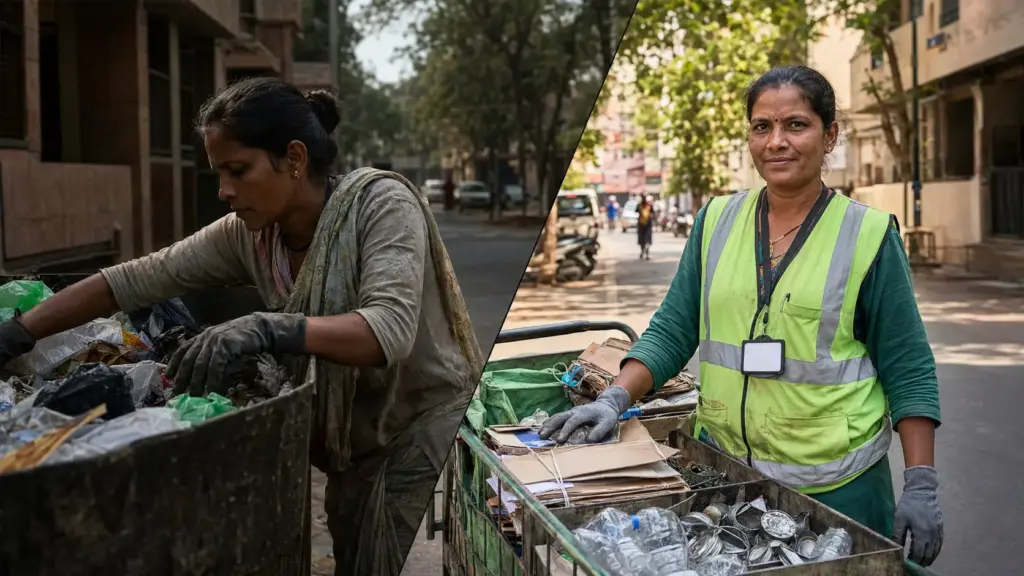 Catadores que antes procuravam recicláveis em contêineres públicos criaram uma cooperativa, passaram a atender 840 mil imóveis na Índia e desviaram 220 toneladas por dia dos aterros Catadores que antes procuravam recicláveis em contêineres públicos criaram uma cooperativa, passaram a atender 840 mil imóveis na Índia e desviaram 220 toneladas por dia dos aterros
