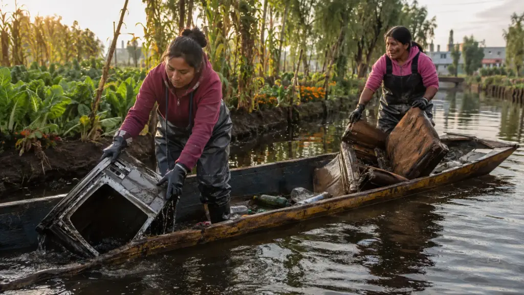 Mulheres ficam fora da herança de antigas ilhas agrícolas astecas entregues aos homens, compram as próprias terras e retiram lixo, televisores e poltronas dos canais da Cidade do México