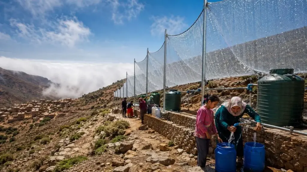 Enquanto aldeias secam e a falta de água avança, Marrocos instala redes a mais de 1.200 metros de altitude para capturar neblina do Atlântico, transformar o ar em até 74 litros de água por metro quadrado em 24 horas e abastecer famílias que antes caminhavam horas até poços Enquanto aldeias secam e a falta de água avança, Marrocos instala redes a mais de 1.200 metros de altitude para capturar neblina do Atlântico, transformar o ar em até 74 litros de água por metro quadrado em 24 horas e abastecer famílias que antes caminhavam horas até poços