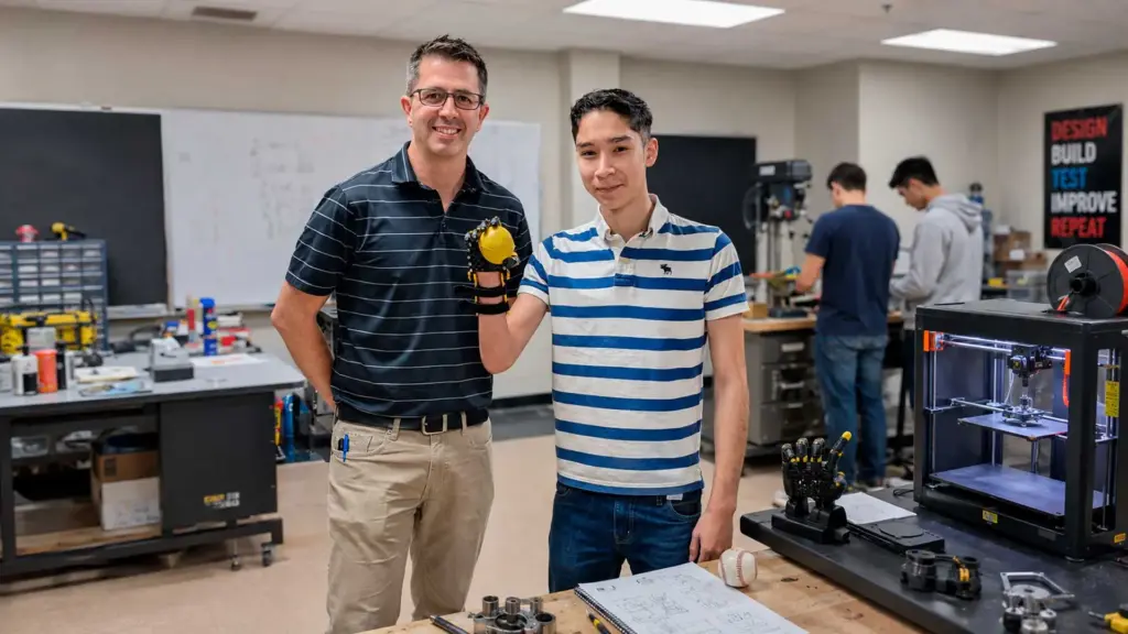 Depois de chegar a uma nova escola escondendo a mão direita que não se formou por completo, adolescente de 15 anos viu colegas usarem modelos digitais e uma impressora 3D para construir uma prótese que lhe permitiu pegar uma bola pela primeira vez Depois de chegar a uma nova escola escondendo a mão direita que não se formou por completo, adolescente de 15 anos viu colegas usarem modelos digitais e uma impressora 3D para construir uma prótese que lhe permitiu pegar uma bola pela primeira vez