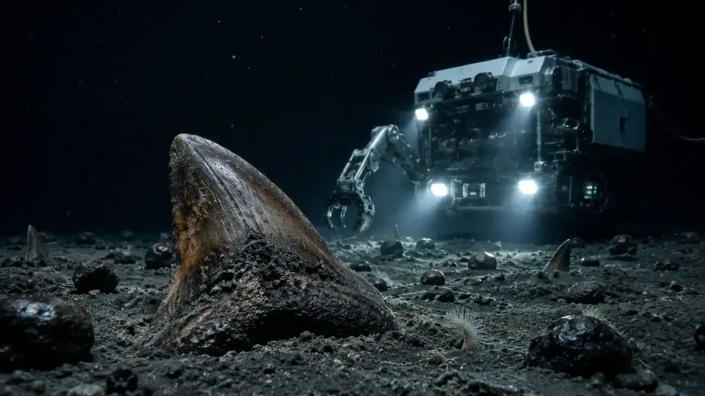 Expedição da NOAA encontra dentes de megalodonte com mais de 7 centímetros a 5,6 quilômetros de profundidade perto das Ilhas Cook, fossilizados há milhões de anos e cobertos por ferro, manganês e elementos de terras raras que podem revelar como as correntes oceânicas circularam no passado remoto do planeta Expedição da NOAA encontra dentes de megalodonte com mais de 7 centímetros a 5,6 quilômetros de profundidade perto das Ilhas Cook, fossilizados há milhões de anos e cobertos por ferro, manganês e elementos de terras raras que podem revelar como as correntes oceânicas circularam no passado remoto do planeta