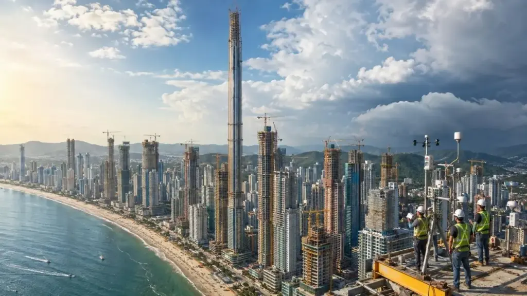 FG coloca 16 megaobras em andamento ao mesmo tempo em Balneário Camboriú, incluindo o Senna Tower de 550 metros, adota monitoramento climático diário para manter cronogramas sob chuva e ainda prepara três resorts de uso misto com investimento estimado em R$ 5,2 bilhões e VGV de R$ 12,5 bilhões
