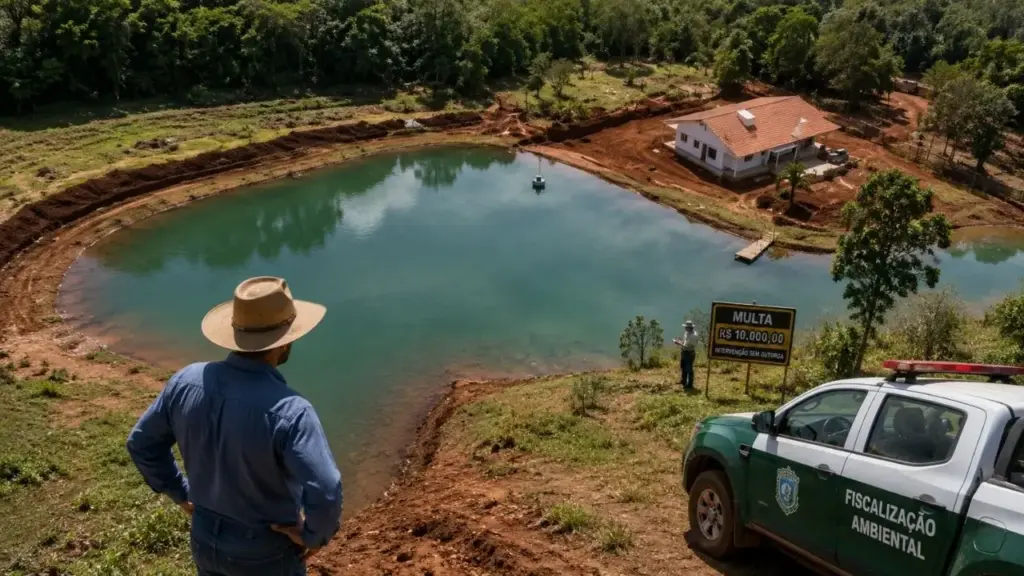 Fazendeiro constrói lago particular de menos de 2 hectares em Mato Grosso do Sul, capta água cristalina do Rio da Prata por gravidade sem a outorga exigida, recebe multa de R$ 10 mil e ainda pode ser obrigado a desfazer a intervenção, embora o açude em si dispensasse autorização