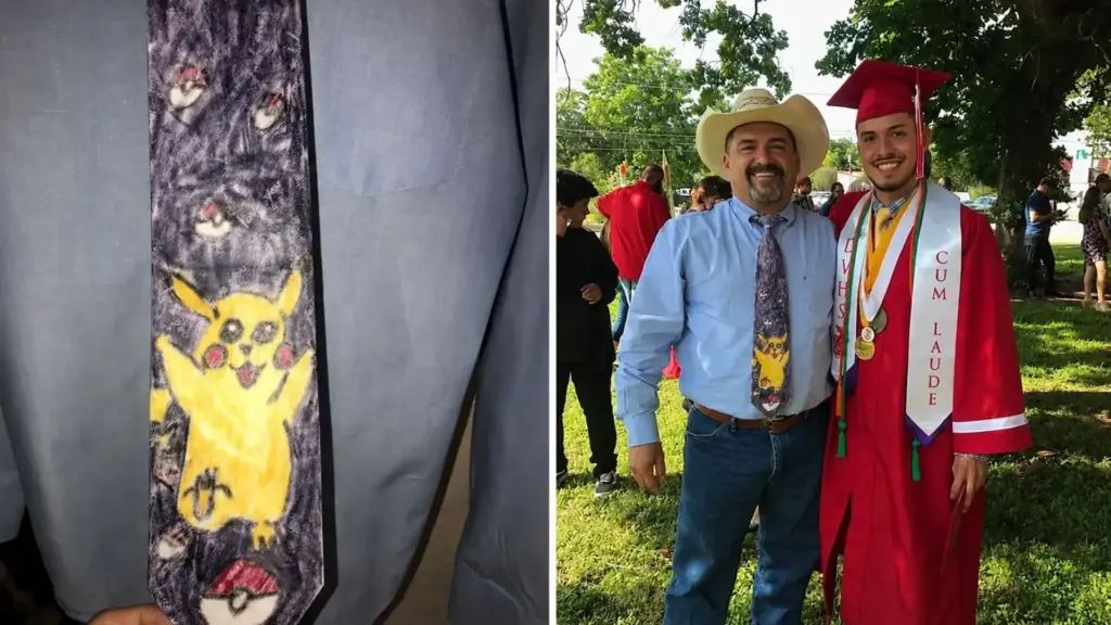 Filho fez uma gravata de Pokémon para o pai na primeira série, e onze anos depois o pai a vestiu para ir à formatura dele no ensino médio, um gesto simples que emocionou milhares de pessoas nas redes