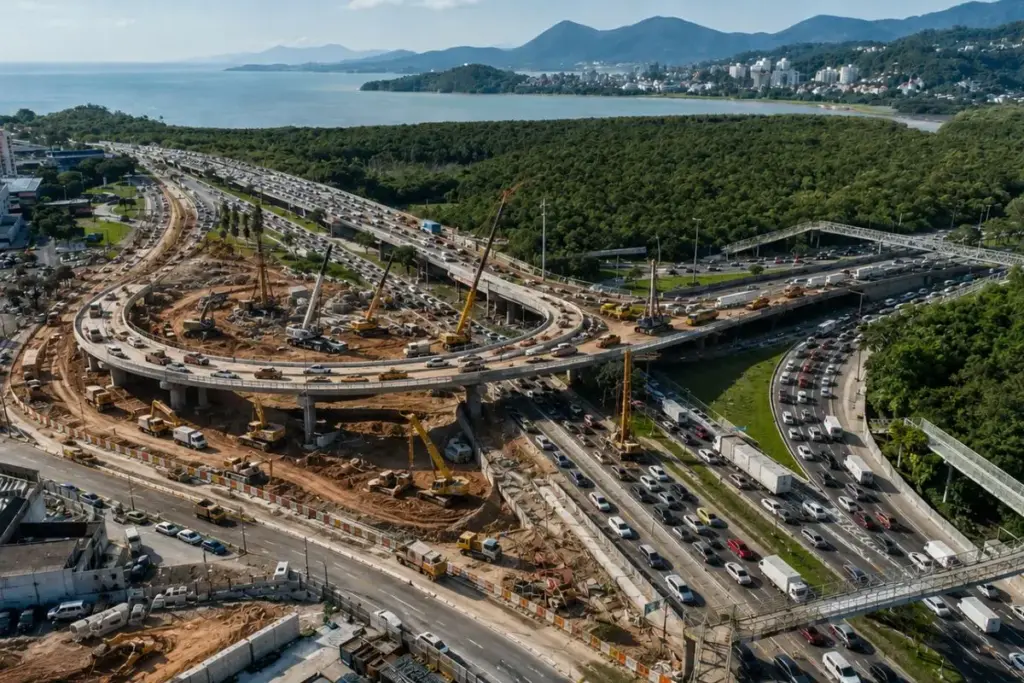 Em um dos piores gargalos da capital, Florianópolis coloca R$ 26,5 milhões numa obra para eliminar o efeito X do elevado do CIC, promete separar rotas ao Norte e ao Leste e bloqueia 200 metros de rua para guardar material