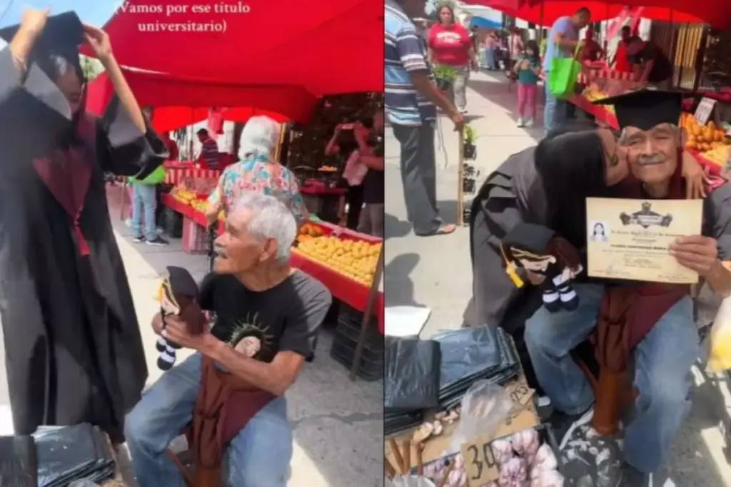 Aos 18 anos, formanda atravessa o mercado de beca e capelo até a banca de alho e canela do avô, tira a própria beca para vestir o avô sentado no banquinho e entrega o diploma nas mãos dele ali mesmo, em vídeo que passou de 15 milhões de visualizações