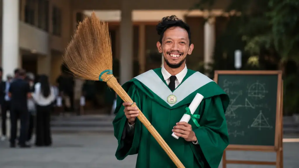 Aos 26 anos, formando segura na própria formatura a vassoura que carregou durante seis anos enquanto limpava o campus para conseguir pagar a faculdade e transforma o objeto de trabalho em símbolo do diploma de professor de Matemática