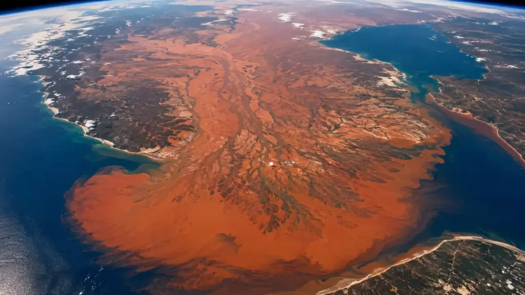 Foto de astronauta da NASA mostra delta de 35 km que engoliu mais da metade de um estuário em Madagascar e pintou a água de vermelho Foto de astronauta da NASA mostra delta de 35 km que engoliu mais da metade de um estuário em Madagascar e pintou a água de vermelho