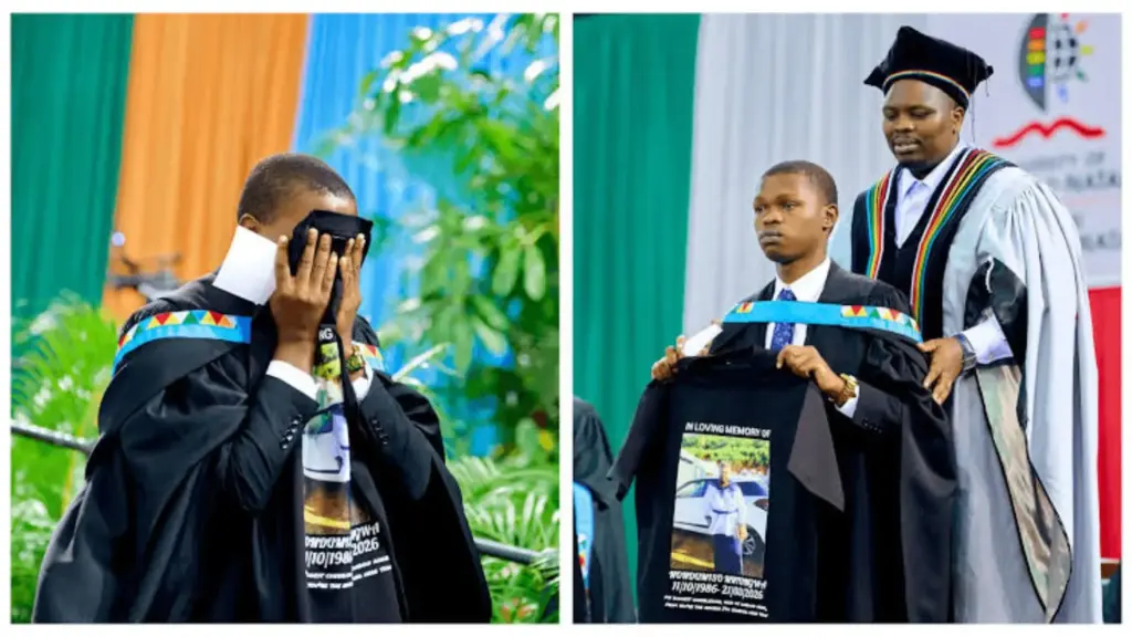 Formando sobe ao palco da graduação segurando uma camiseta com a imagem da mãe, que morreu poucas semanas antes da cerimônia e trabalhou como doméstica e vendedora ambulante para colocar comida em casa e bancar seus estudos, transformando o diploma em uma homenagem pública à mulher que tornou sua formação possível