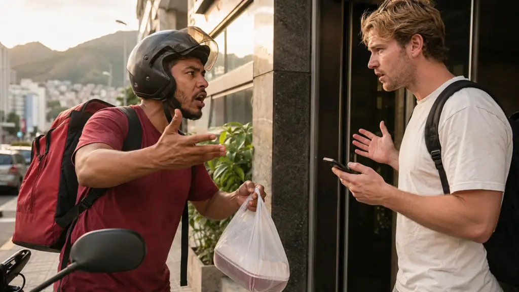 Motoboy no Rio esperou gringo que demorou a buscar o delivery, deu bronca em inglês ao dizer que a próxima entrega em Botafogo pagaria apenas R$ 10 e viralizou ao expor quanto cada minuto parado pesa para entregadores de aplicativo