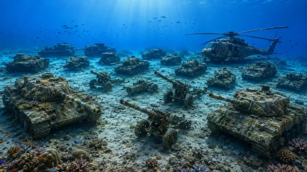 Guindastes lançam tanques, blindados, canhões e até um helicóptero militar no mar Vermelho, alinham 19 máquinas de guerra a 28 metros de profundidade e criam um surreal museu subaquático tomado por peixes e corais