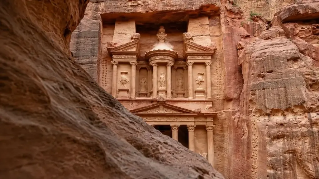 Há cerca de dois mil anos, artesãos de Petra removeram a própria montanha para criar Al-Khazneh, uma fachada de 39,5 metros esculpida diretamente no arenito, com colunas, frontões, esculturas e câmaras internas feitas sem empilhar milhares de blocos e preservadas até hoje em pleno deserto da Jordânia