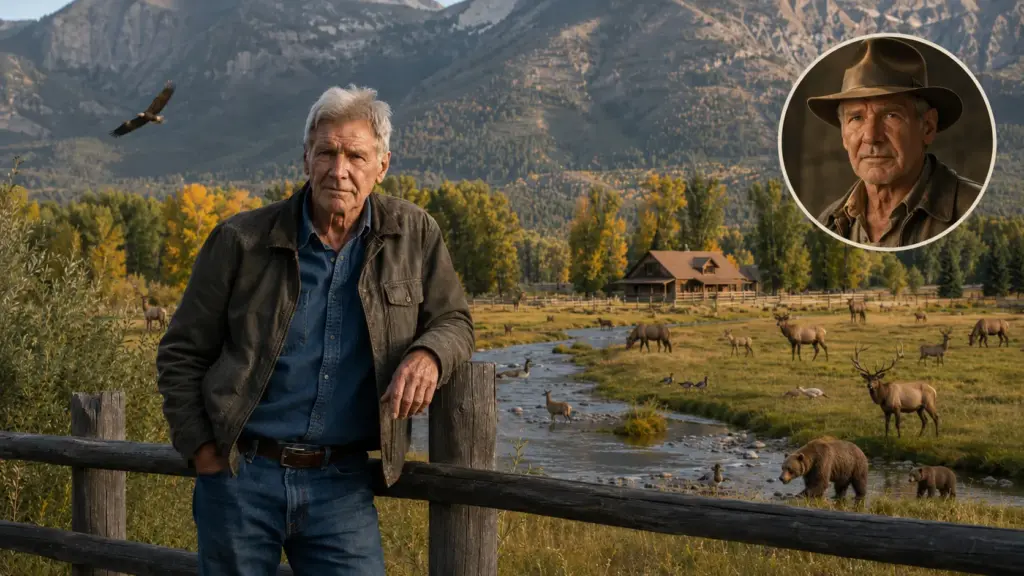 Aos 84 anos, astro de Indiana Jones Harrison Ford mantém um rancho de cerca de 324 hectares em Jackson Hole, no Wyoming, onde vive cercado por riachos, bosques, alces e veados e destinou quase metade das terras à conservação permanente para restringir novas construções