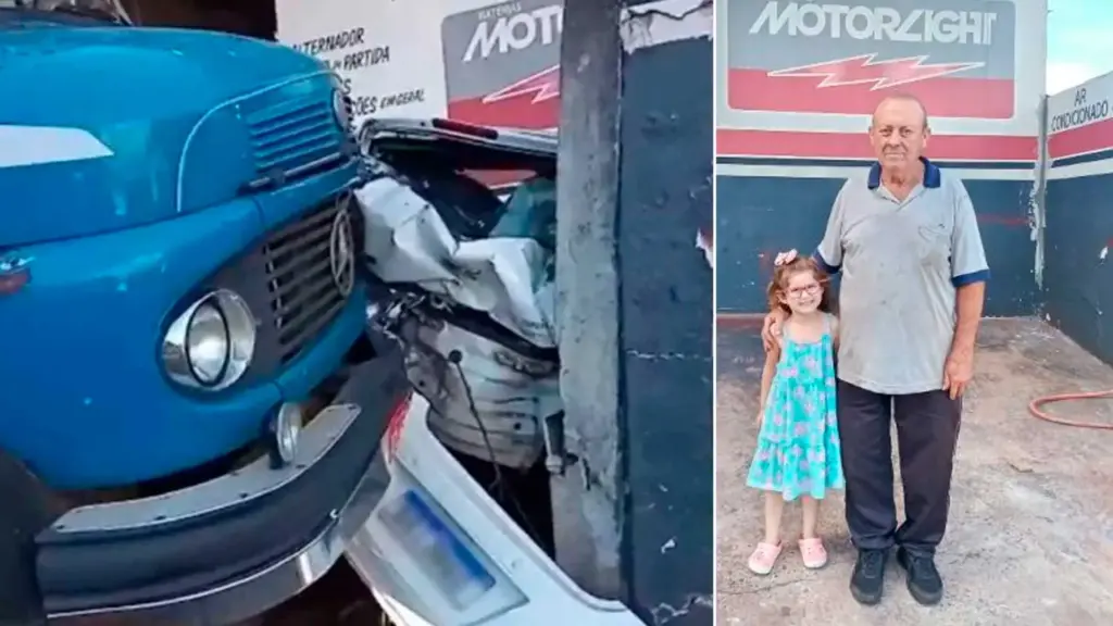 Aos 73 anos, homem ouve gritos, vê caminhão com problema no freio de mão descer desgovernado em direção a menina de 4 anos, pega criança no colo e corre segundos antes de veículo destruir dois carros e atingir poste em Ourinhos