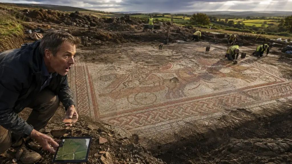Homem encontra pedaços de cerâmica durante caminhada em campo agrícola, consulta imagens de satélite e ajuda arqueólogos a revelar mosaico romano de 11 por quase 7 metros com Aquiles e Heitor, obra única no Reino Unido escondida sob uma vila ocupada há mais de 1.500 anos