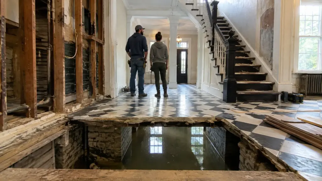 Casal compra uma casa colonial de 103 anos já modernizada para revenda e, ao iniciar a restauração, encontra água no porão, atalhos deixados pela obra anterior e passa dois anos e meio criando piso xadrez, biblioteca embutida e detalhes feitos para parecer que sempre estiveram ali