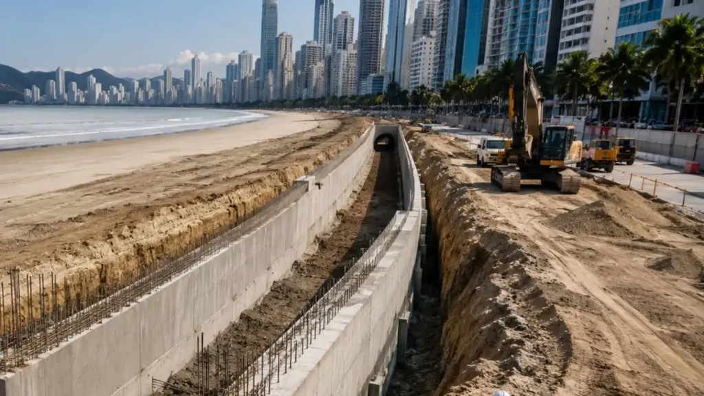 ‘Muralha’ colossal de 6 km transforma orla de praia brasileira e imagens de drone revelam por que a estrutura virou peça-chave contra ressacas e erosão