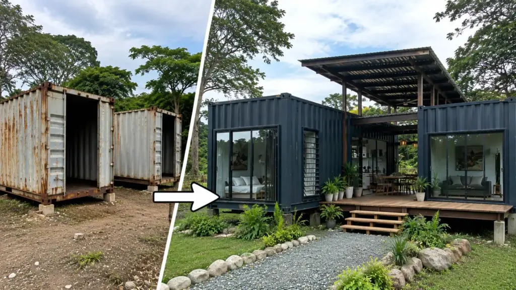 Adeus tijolos: casal que queria viver fora da cidade e evitar dívidas ergue casa de 100 m² com 2 contêineres descartados no lugar da construção convencional para viver perto da natureza e dos cavalos