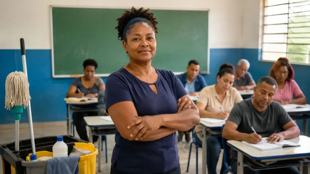 Ela passou quase duas décadas longe da escola, retomou os estudos pela EJA e cursou História no contraturno enquanto trabalhava na limpeza; aos 43 anos, concluiu a graduação, fez pós-graduação e voltou à mesma modalidade como professora Ela passou quase duas décadas longe da escola, retomou os estudos pela EJA e cursou História no contraturno enquanto trabalhava na limpeza; aos 43 anos, concluiu a graduação, fez pós-graduação e voltou à mesma modalidade como professora