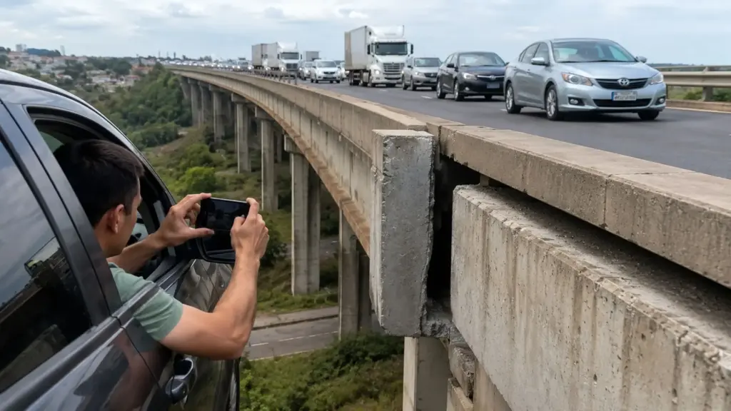 Motorista cruza ponte da BR-376, percebe abertura na junção do concreto e resolve filmar, vídeo assusta quem passa pelo trecho e leva concessionária a explicar estrutura que parecia uma enorme rachadura e programar manutenção no local
