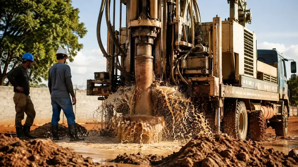 Dono de terreno de 55 anos tem poço artesiano sendo perfurado em lote vazio, mas fiscalização descobre detalhe ignorado, interrompe a obra, aplica duas multas e apreende caminhão com perfuratriz em Mato Grosso do Sul