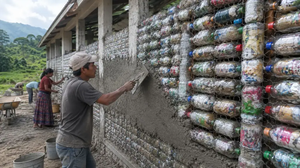 Mais de 10.000 garrafas plásticas que poderiam virar lixo são preenchidas com sacolas e embalagens, presas em malhas e cobertas com cimento para formar 3 salas de escola em Xepatan, na Guatemala, em método comunitário que beneficia mais de 330 estudantes